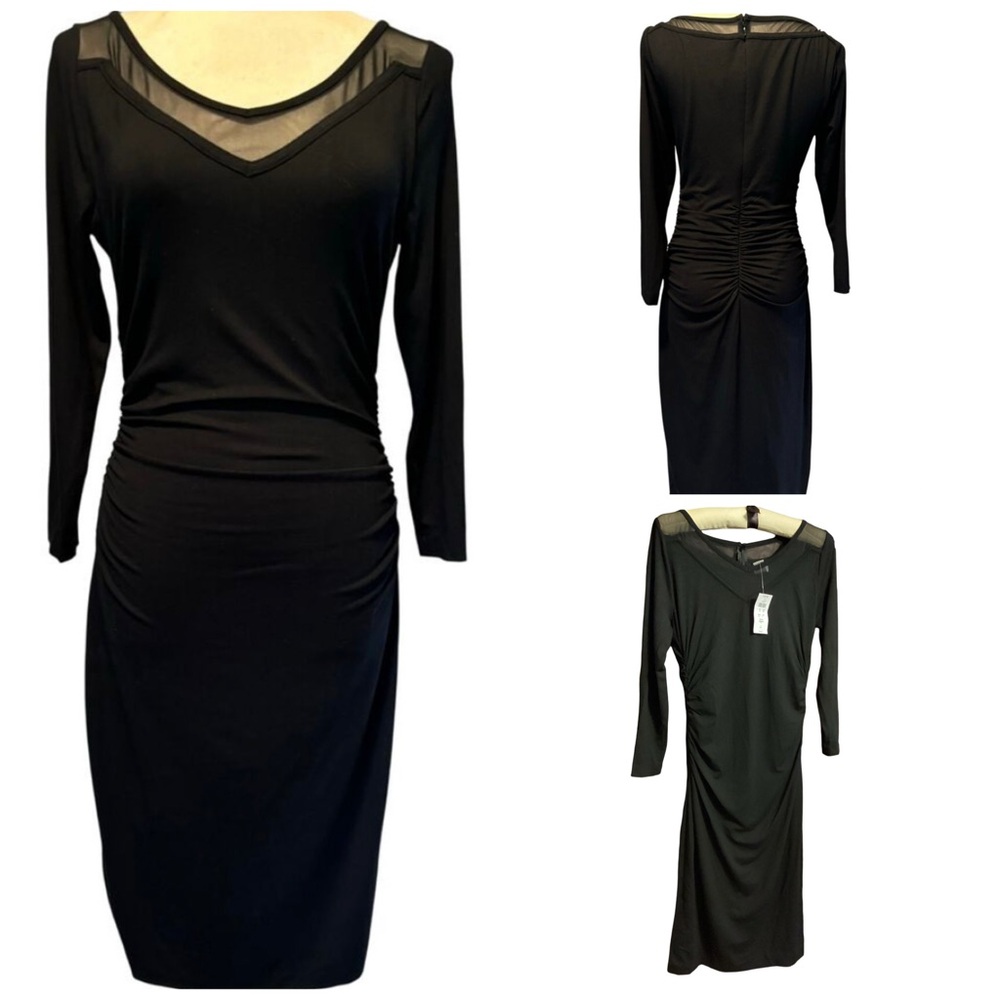🚨 NWT Cache Bodycon Ruched Sheer V Neckline Dress Size Small